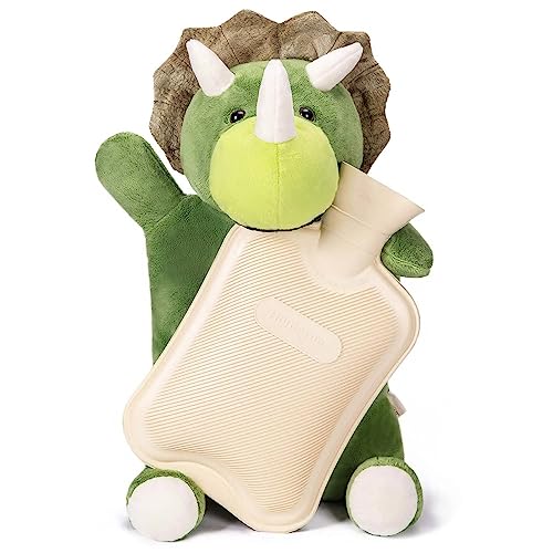 HomeTop Premium Classic Rubber Hot Water Bottle with Triceratops Cover | Natural rubber hot water bottle,Long-lasting heat retention,Snuggly all-night warmth - color: Cream White/Triceratops