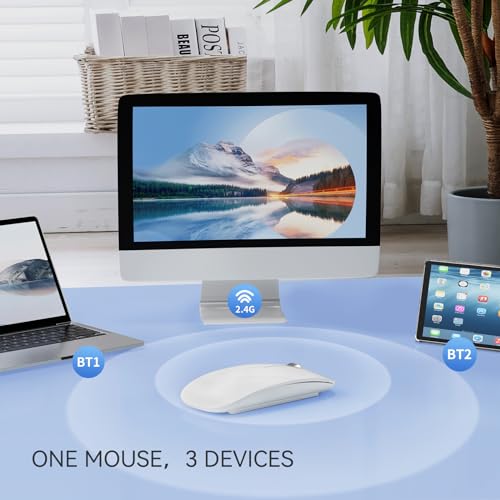 TENMOS M18 Bluetooth Mouse, USB C Rechargeable Wireless Mouse, Silent-White | Tri-Mode BT5.1/5.0+2.4G, Quiet Click, Portable, Battery Level Visible, USB Receiver,Type C Adapter, for Laptop/MacBook/iPad - color: white