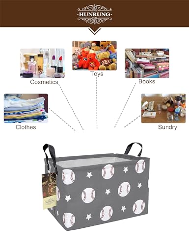Rectangle Foldable Storage Basket Handles For Home, Grey Baseball | Waterproof canvas material, reinforced handles, perfect for shelf use, organizes clothes, daily items and pet supplies - color: REC-Grey Baseball
