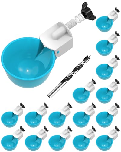 Chicken Waterer Cups (16 Pack) with 3/8" Drill Bit - Light Blue | Automatic Poultry Drinker Feeder Kit for Chickens, Ducks, Turkeys, Quail, Bunnies | DIY Gravity Fed Bucket Water Dispenser - color: Light Blue, size: 16 Pack + Drill bit