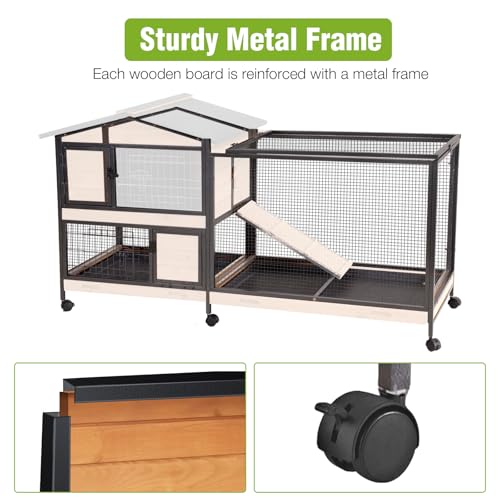 Gutinneen 2-Story Rabbit Hutch Indoor Bunny Cage Large Rabbit Cage Outdoor with Chew-Proof Full Metal Frame, Locking Wheels, 2 Pull-Out Trays for Rabbits, Guinea Pigs, Small Animals (Brown & Black)