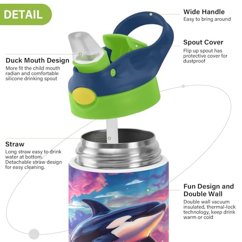 OTVEE Orca Whale Kids Water Bottle with Straw Lid 12 oz Insulated Stainless Steel Leakproof Duck Mouth Tumbler Cup for Boys Girls Teen School - color: Orca Whale