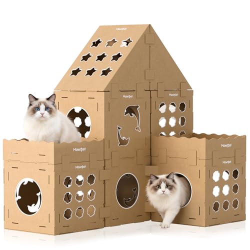 DIY Cat Scratcher Cardboard House, Scratching Cat Play House, a Versatile Box, Indoor Kitty Scratcher Hideout for One or More Cats Brown, Cat Tower Castle Tunnel 10 Parts - size: 6 Boxes + 2 Roofs + 2 Triangulars + 6 Scratchers