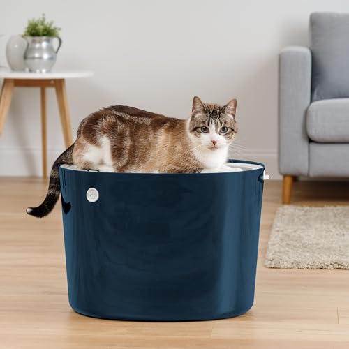 IRIS USA Large Top Entry Cat Litter Box, Hooded Privacy, Navy/White | Dog-Free Zone, Mess Containment System, Protected Interior, Dog Proof Pan, Odor Trapping, Easy Scoop Access - color: Navy, style: Top Entry