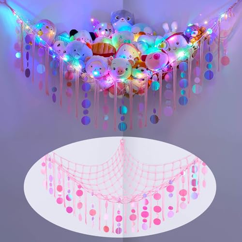 FIOBEE Stuffed Animals Hammock Net Toy Storage Organizer with LED Light, Stuffed Animals Storage Girls Room Décor Wall Hanging with Sequins for Kids Bedroom Nursery Playroom, Light Pink