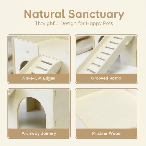 Wooden Guinea Pig House, 2-Tier Hamster Hideout with Anti-Slip Ramp, Large Small Animal House Habitat for Bunny Chinchilla Dwarf Rabbit, Tool-Free Assembly Climbing Toy Castle