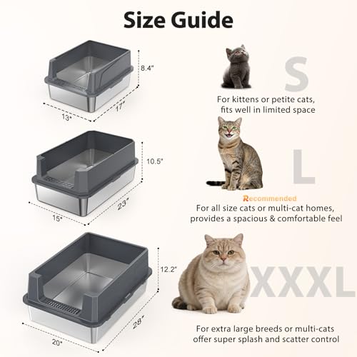 FURTIME Stainless Steel Cat Litter Box, Extra Large Cats Metal Litter Box | High-Sided Open-Top Easy-Clean Litter Pan for Multi-Cat Home, Non-Stick, Anti-Leakage, Comes with Scoop & Mat, 28"×20"×12.2" - color: Grey, size: XXX-Large