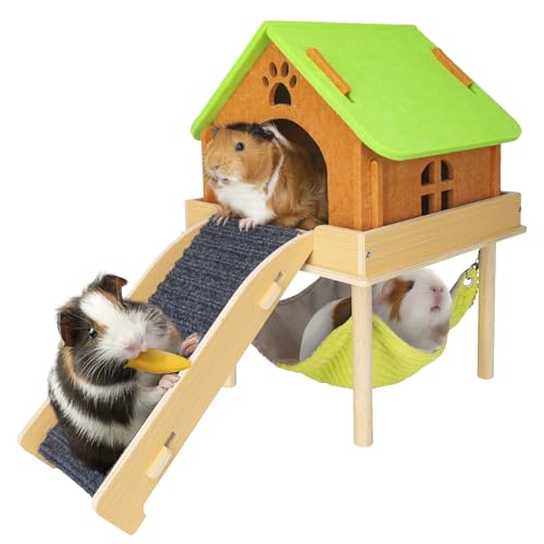 BESNEW 3 in 1 Enlarged Guinea Pig Hammock with House & Platform,Wooden Guinea Pig Hideout with Hammock & Stairs Small Animal Toys for Hiding Sleeping Activities - style: Hammock with ramp & house