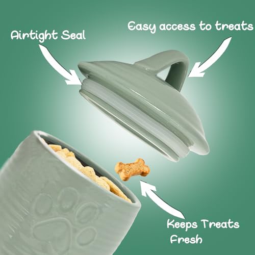Large Dog Treat Container Airtight, Cute Dog Treat Jar with Lids,Rustic Dog Treat Storage Container, Ceramic Cat Food Jars for Kitchen Counter, Green | Large Capacity Doggie Cookie Jar for Countertop, Airtight Lid Keep Food Fresh, Sturdy Durable, Cute Paw
