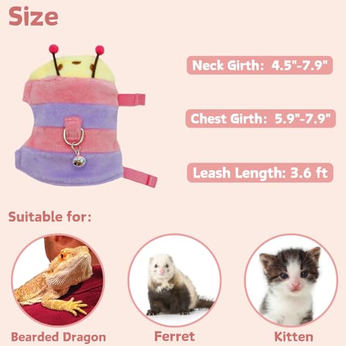 Ferret Harness and Leash Set - Small Animal Soft Fleece Vest with Safe Bell Halloween Outfit Adjustable Traction Rope Outdoor Walking Training Leash for Ferret Rat Bearded Dragon Kitten (Pink) - color: Pink