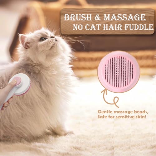 Self Cleaning Cat Brush for Shedding, LED Light Nail Clipper and Nail File | Slicker Brushes and Nail Trimmer for Long Haired Cats, Grooming Kit, Cat Lover Gifts - color: Pink