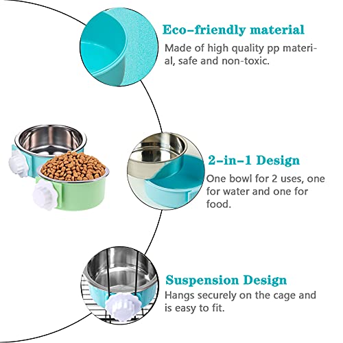 Tfwadmx Crate Dog Bowl Cat Removable Stainless Steel Food and Water Feeder Hanging Cage Bowls Coop Cup with Cleaning Set for Pet Puppy Bird Rat Guinea Pig Ferret Bunny Rabbit 2Pcs - color: Light blue, light green (2 PCS)