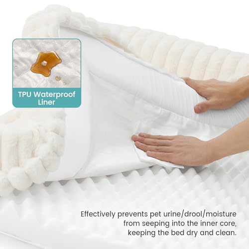 COZY KISS Ultra Soft Faux Rabbit Fur Dog Bed for Small Dogs – 30"x20" Orthopedic Foam Couch, Removable Washable Cover & Waterproof Lining, Cream