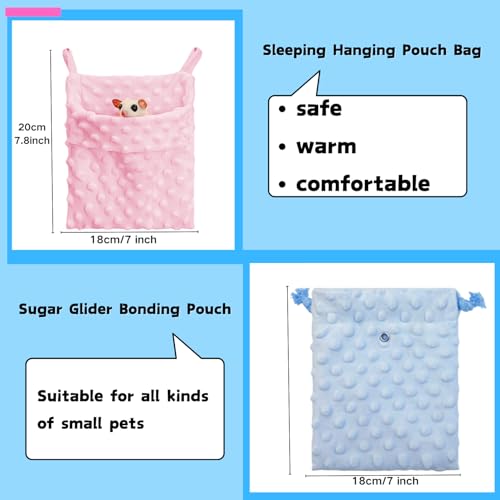 2 Pcs Sugar Glider Warm Bonding Sleeping Pouch Small Pet Cotton Hanging Comfortable Nest Bed for Sugar Glider, Hamster, Gerbil, Mouse, Pet Accessory (Pink+Blue)