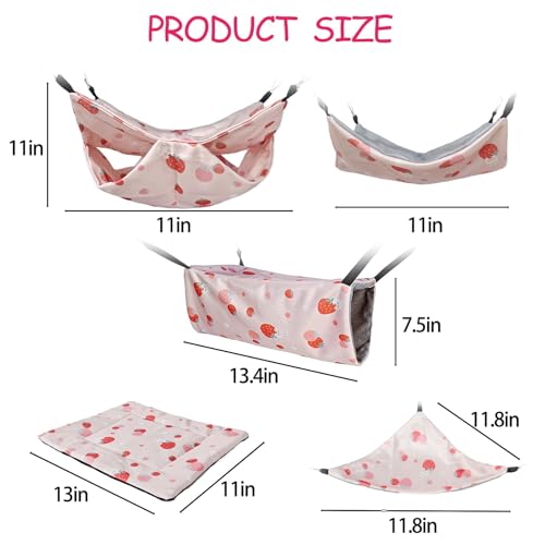 kathson 5 PCS Guinea Pig Hammock Set, Washable Rat Hammock, Guinea Pig Hideout Bed Soft Hamster Hanging Tunnel Mats Small Pets Cage Accessories for Chinchilla, Sugar Glider, Squirrel(Pink) - color: Pink