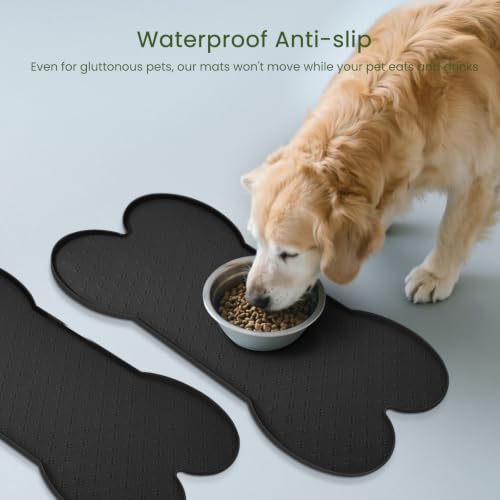 PWTAA Dog Food Mat Anti-Slip Silicone Dog Bowl Mat Thicker Pet Placemat Waterproof Cat Feeder Pad with Raised Edge Puppy Kitten Feeding Mats Suitable Small Medium-Sized Dogs Cats Eating Tray - 2PCS - color: Black, size: 19.4" x 9.8"-2PCS