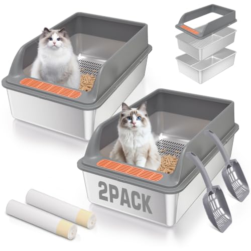 2PACK Stainless Steel Sifting Litter Box with Lid, Sifting Cat Litter Box for Pine Pellets & Big Cats,Metal Pellet Sifter Litter Pan System for Odor Control,Sifting Box Liners & Scoop - size: S【2Pack】