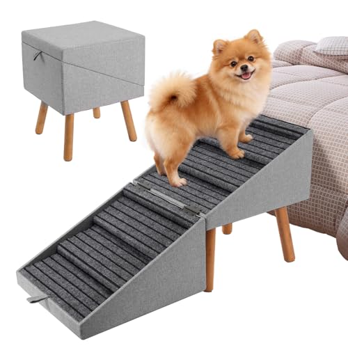 Dog Ramp for Bed & Couch, Dog Stairs 21.06 inches High for Large/Medium/Small Doggie, Foldable 2 in 1 Wooden Pet Steps for Puppy Older and Injured Dogs, Split Ottoman Design, No-Slip Surface - size: 21.06" H-Light Grey