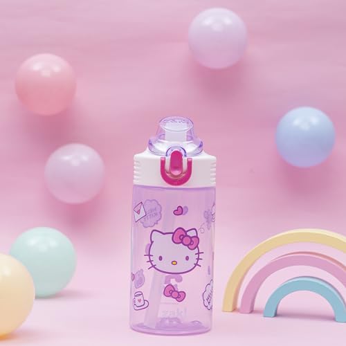 Zak Designs Sanrio Hello Kitty Sage 16oz Leak-Proof Straw Kids Water Bottle | BPA Free, Durable Plastic, Cupholder Friendly, Dishwasher Safe, Easy to Clean, Lid Lock, Handle, For School, Home, Travel - color: Hello Kitty, size: 16 Ounces