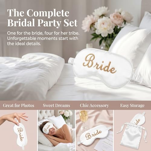 WJINGYIJIA Bridal Party Satin Sleep Mask Set, 1 Bride and 4 Bridesmaid Eye Masks, Gold Embroidered, Bachelorette Party Favors, 5 Pack (Peacock Blue, One Size) - color: Peacock Blue