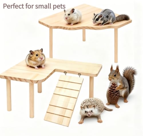 Hamster Platform Set, 2-Piece Wooden Modular Playground & Hide, Cage Accessories for Dwarf Syrian Hamsters, Gerbils, Mice, Degus (Rectangle2+Corner)