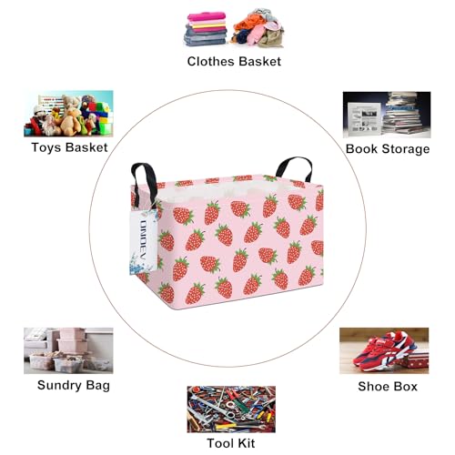 Rectangular Fabric Storage Bin, Foldable Strawberry print Basket | Damp-proof canvas with reinforced stitched handles.Great for clothes,books and sundries in closets,playrooms,laundry rooms. - color: REC Strawberry