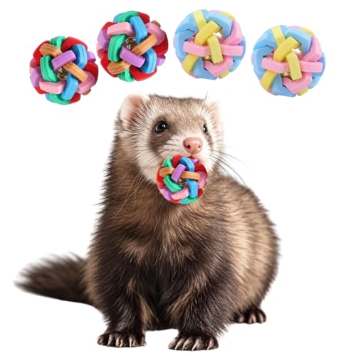 4 Pack Ferret Toys Ball Set, Rubber Scratch Chew Toys with Built-in Bell Soft Colorful Balls Grinding Wiggle Ball Interactive Sound Toy Exercise Teeth for Ferret Cat Kittens