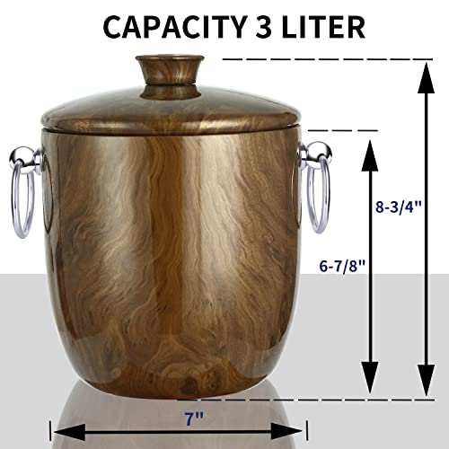 Ice Bucket with Lid, Scoop, Tongs and Strainer - Well Made Insulated Stainless Steel Keep Ice Frozen Longer - Ideal for Cocktail Bar, Parties, Chilling Wine, Champagne - 3 Liter (Teakwood) - color: Teakwood