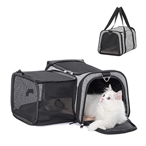 Petsfit Expandable Cat Carrier, 16"X10" X9" Pet Carrier Airline Approved, Soft-Sided Collapsible, Pet Carrier with Locking Safety Zippers, Removable Soft Plush Mat, Pocket for Pets up to 10lbs, Gray,S - color: Gray, size: 16.0"L x 10.0"W x 9.0"H