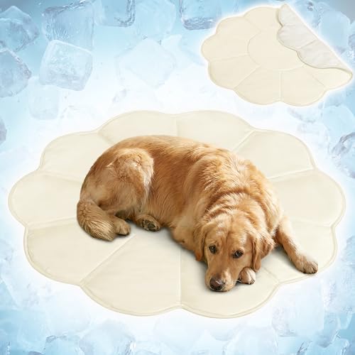 PetAmi Dog Cooling Mat, Flower Shape, Pet Pad with Cooling Nylon & Soft Fleece, Q-Max > 0.4 Reversible All Season Blanket for Dogs & Cats, Large 54x54 in, Beige - color: Beige, size: Large