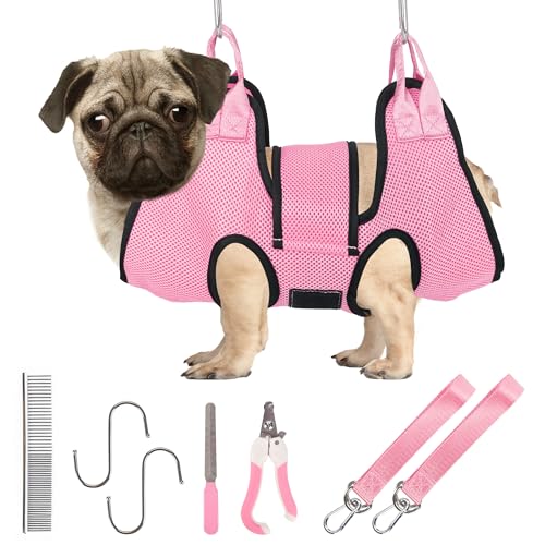 PatiencET Dog Grooming Hammock Kit | For Cats & Dogs up to 17 lb, Hanging Harness and Sling for Nail Trimming, Includes Clippers/Trimmer, File & Comb, Pink S - color: Pink, size: S (17 LB Max)