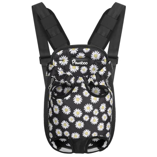 Pawaboo Pet Front Carrier Backpack for Small Medium Dogs | Legs Out Easy-fit,Adjustable Straps,Hands-Free,Soft Padded Support for Travel Hiking Cycling Camping ,Black Daisy,M - color: Black Daisy Print, style: Medium (Pack of 1)