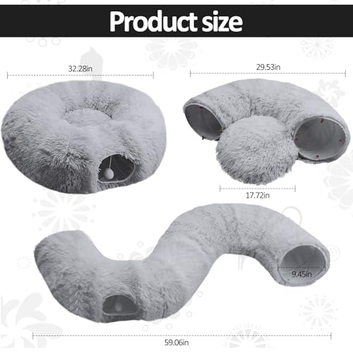 Indoor Cat Tunnel Bed with Central Mat, Under Christmas Tree Soft Fluffy Plush Collapsible Multi-Combinations Cat Donut Bed for Cats, Rabbits, Ferrets, Small Animalls(Gray) - color: Grey