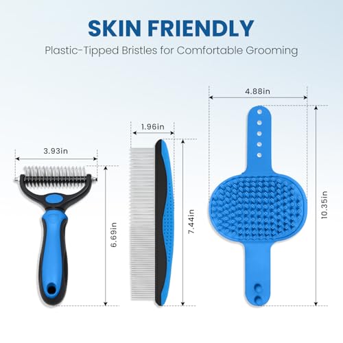 Double-Sided Pet Grooming Rake - 4-in-1 Professional Pet Grooming Kit Deshedding Dematting Tool for Dogs Cats Extra-Wide Grooming Brush & Deshedder Comb for Long & Short Haired Pets (Blue Kit 4PCS) - color: Blue
