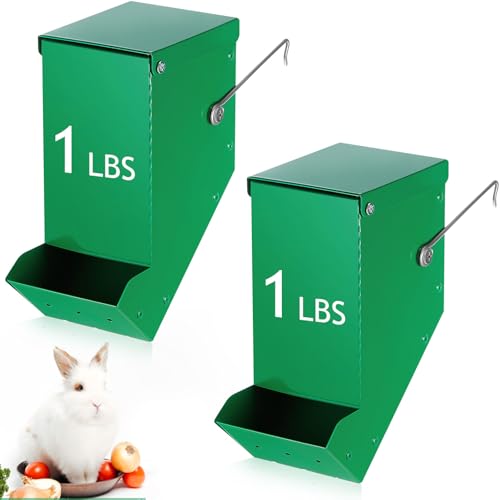 2 Pcs Rabbit Feeder for Cages Small Animal Food Pellet Dispenser with Lid Metal Chicken Grit Oyster Shell Squirrel Feeders Outside(3.2 Inches,Mesh Bottom,Green) - color: Green, size: 3.2 Inches, style: Mesh Bottom