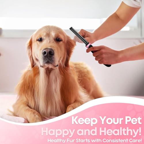 Flexzion Metal Pet Comb for Cats & Dogs - Sturdy Stainless Steel Rounded Teeth with Non-Slip Soft Grip Handle Easy to Use Grooming Detangling Cat Combs for Indoor Cats, Pink - color: Chrome,Pink