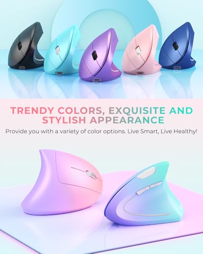 Lekvey Ergonomic Mouse, Rechargeable Wireless Vertical Mouse, Pink Green | USB-C Charging, 2.4G Wireless, 1000/1200/1600 DPI, Quiet Click, 6 Buttons, Carpal Tunnel Mouse, for Laptop, PC, Computer, Mac - color: Pink Green