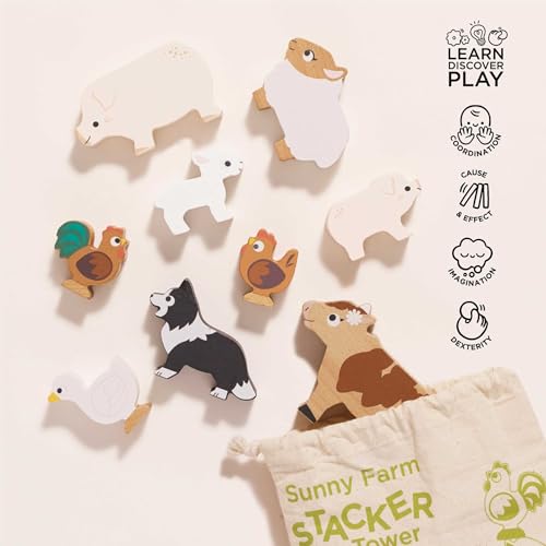 Le Toy Van Petilou Wooden Sunny Farm Stacking Animals and Bag | Farmyard Animal Building Blocks, Balancing Toy, Wooden Animal Toys for Toddlers, Suitable for 18 Months and Up