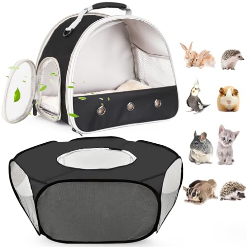 2-Pack Guinea Pig Carrier Backpack and Playpen with Lid, Breathable Pet Pen Excercise Fence, Portable Travel Cage for Bunny, Bearded Dragon, Rabbits, Hamster, Chinchillas, Sugar Glider, Squirrel - color: Black