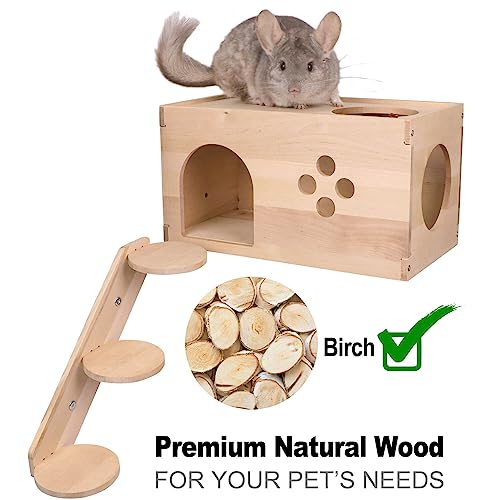 YKD Natural Birch Wooden Chinchilla House with Ladder | Ventilated Small Animal Hideout with Multiple Doors for Sugar Gliders, Squirrels & Small Pets