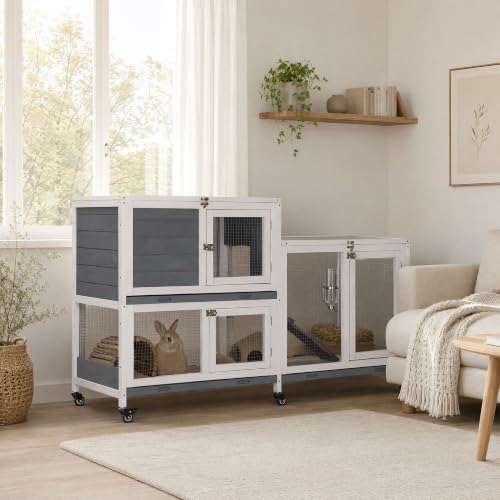 PawHut Wooden Rabbit Hutch Bunny Hutch Elevated Pet House Cage Small Animal Habitat with No Leak Tray Lockable Door Openable Top for Indoor 57.75" x 18" x 32.5" Grey | Elevated Pet House Cage, Small Animal Habitat, No Leak Tray, Lockable Door, Openable To