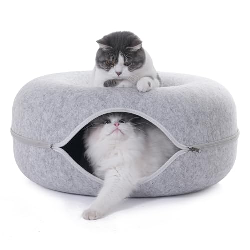 Large Cat Tunnel Bed for Indoor Cats with 3 Toys, Scratch Resistant Donut Cat Bed, Up to 30 Lbs (L 24x24x11, Light Grey) - color: Light Grey