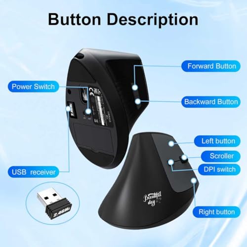 Ergonomic Bluetooth Mouse, Wireless Rechargeable Vertical Mouse for Carpal Tunnel with USBC & BT 5.0/3.0 & 2.4G Connect, Silent, Easy to use, 6 Buttons for Laptop PC MacBook Desktop Computer - color: Black