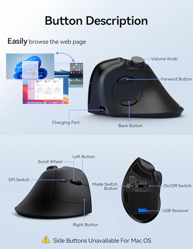 TECKNET Ergonomic Mouse, Rechargeable Wireless Bluetooth Mouse (BT 5.0/5.0+2.4G), Vertical Mouse with Volume Knob, Quiet Clicks, Cordless Mice 6 Adjustable DPI with USB A Receiver, Wide Compatibility