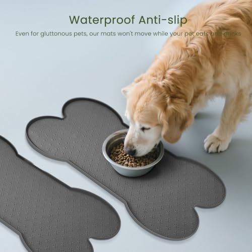 PWTAA Dog Food Mat Anti-Slip Silicone Dog Bowl Mat Thicker Pet Placemat Waterproof Cat Feeder Pad with Raised Edge Puppy Kitten Feeding Mats Suitable Small Medium-Sized Dogs Cats Eating Tray - 2PCS - color: Grey, size: 19.4" x 9.8"-2PCS