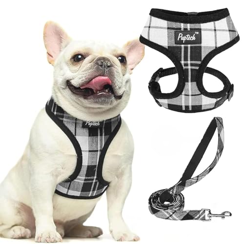 PUPTECK Soft Mesh Dog Harness and Leash Set Pet Puppy Cat Comfort Padded Vest No Pull Harnesses, Black&White, S - color: Black&White, size: S (NECK: 12", CHEST: 14"-18")