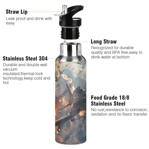 Fighter Jets in Action Water Bottle Kids Insulated Sports Vacuum Stainless Steel Mug with Straw Lid & Handle 20 oz - color: C1019