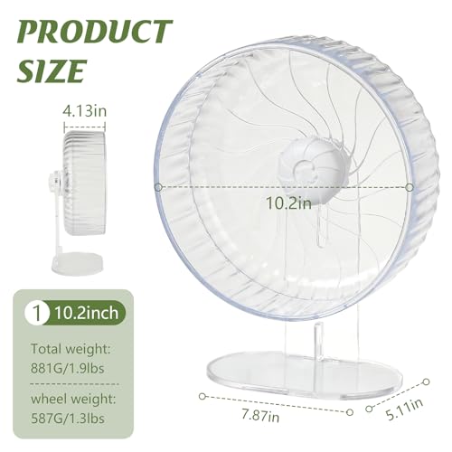 Silent Hamster Wheel, 10.2 Inch, Adjustable Stand, Clear | Clear acrylic wheel with anti-slip track, smooth bearings, and easy-clean design for Syrian hamsters and small pets. - size: 10.2"