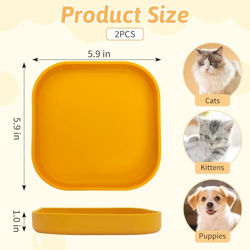 Fhiny 2PCS Silicone Cat Bowls Set 5.9 x 5.9 in Shallow Dog Dish Whisker Friendly Cat Food Plate for Dry & Wet Food Dishwasher Safe Non-Slip Pet Feeding Bowls for Kittens and Puppies (Yellow) - color: Yellow