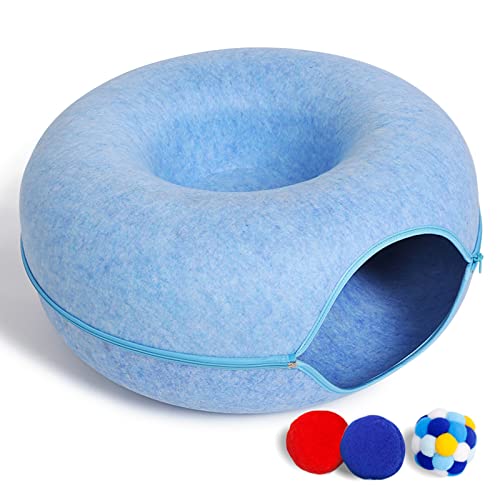 Large Cat Tunnel Bed for Indoor Cats with 3 Toys, Scratch Resistant Donut Cat Bed, Up to 30 Lbs (L 24x24x11, Blue) - color: Blue